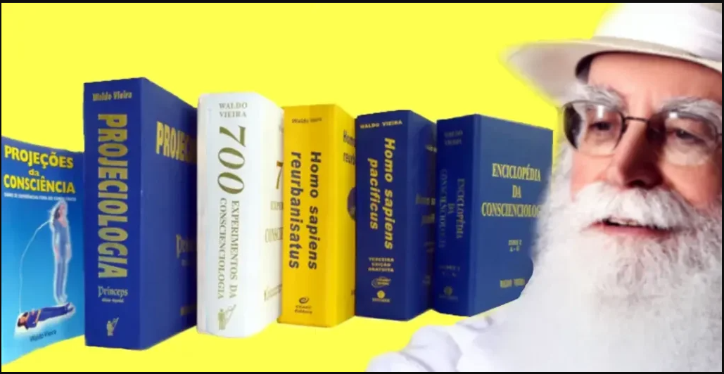 Foto do rosto de Waldo Vieira com os principais livros da conscienciologia.